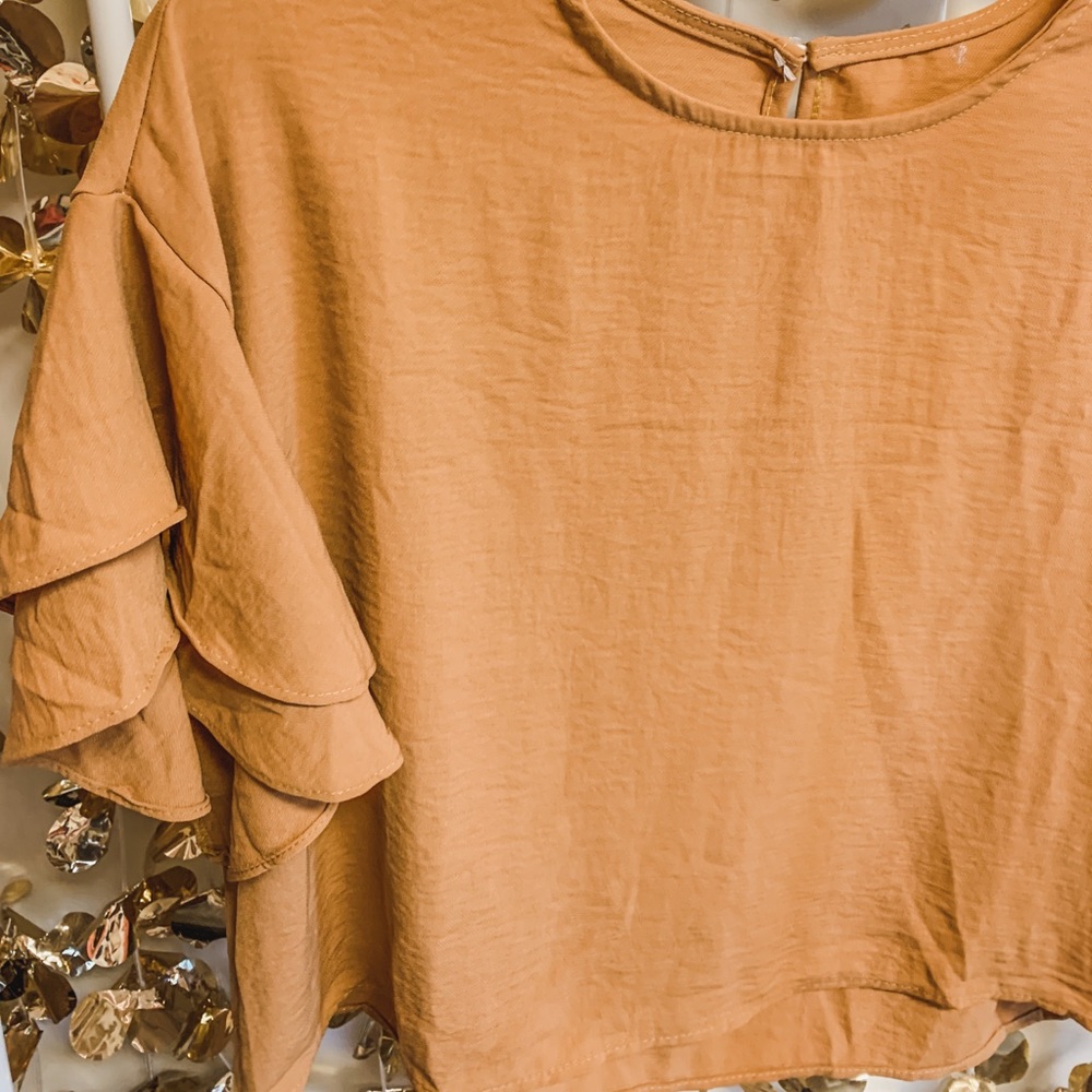 Camel frill sleeve cropped top